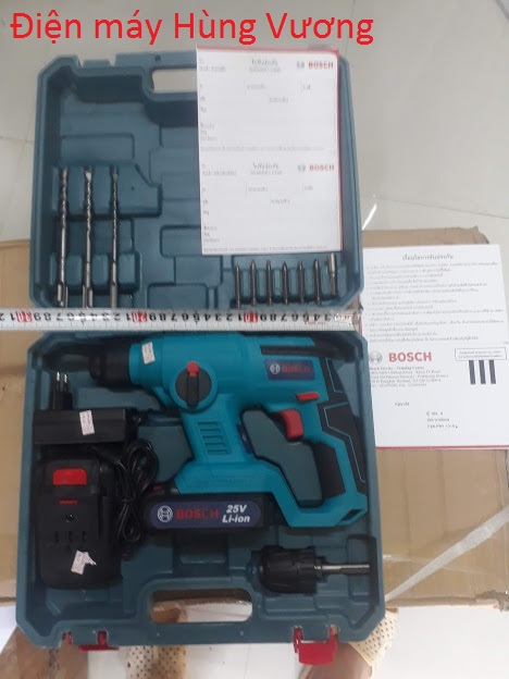 Máy khoan búa dùng pin Bosh 25V  Madein Thái Lan, 2 chức  năng, khoan sắt gỗ, khoan bê tông đến mũi 20mm.