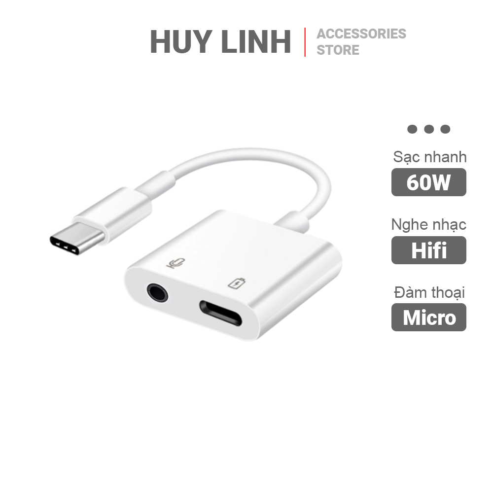 Jack chuyển đổi 2in1 chia type c ra type c + 3.5mm có hỗ trợ sạc nhanh pd 3.0 60w và micro đàm thoại