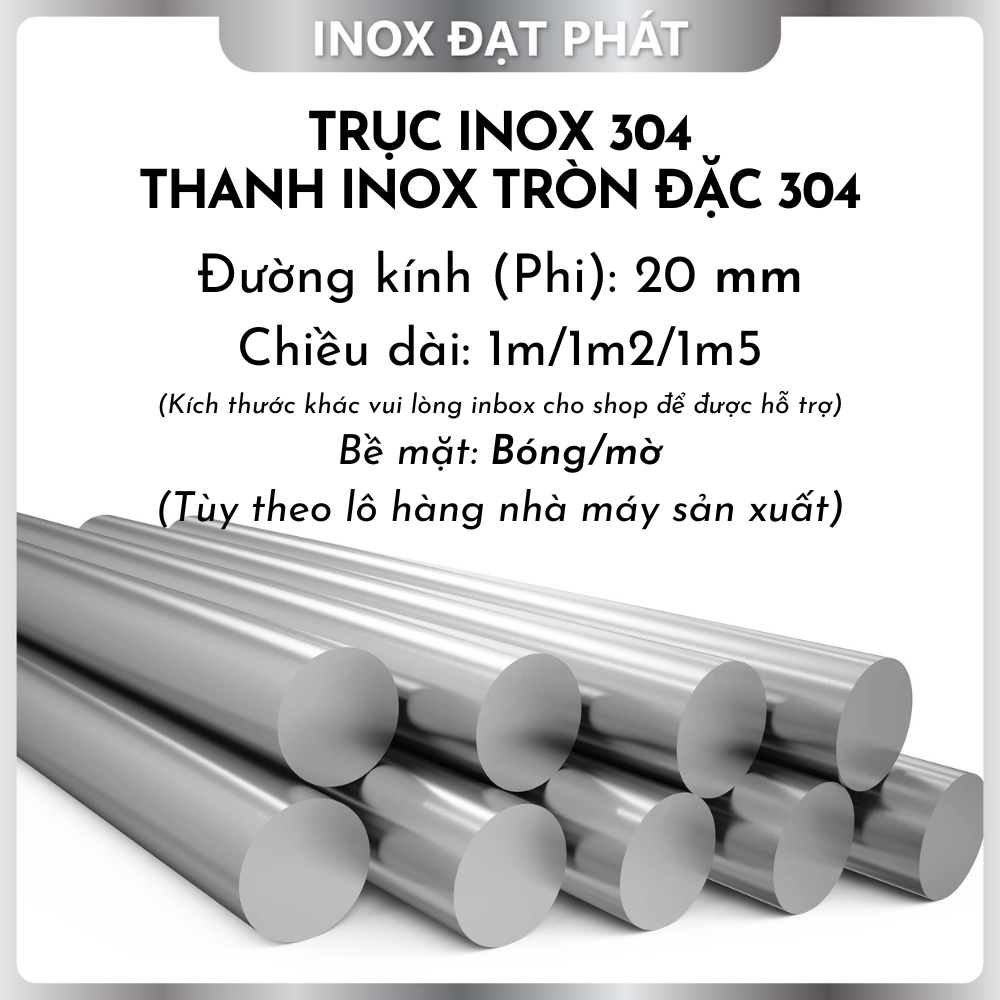 Trục inox đặc 304/ thanh inox tròn đặc 304 phi 20.0 / 20 ly, chiều dài 1m/1m2/1m5