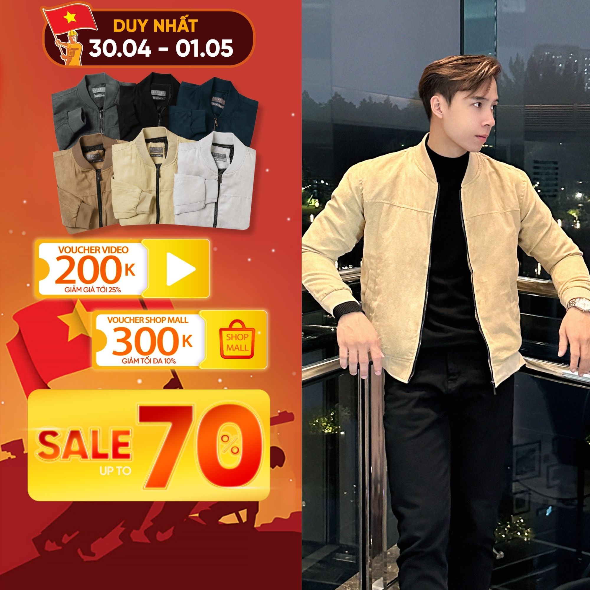 Áo khoác bomber da lộn trơn cf nam, 2 lớp chất liệu da lộn bên trong có lót gió