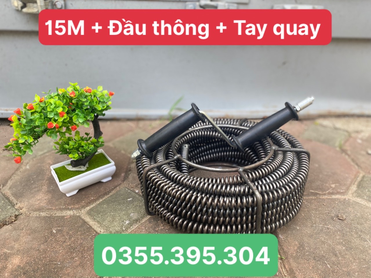 Dây thông tắc cống lò xo dùng tay quay dài 15m + 6 đầu thông + tay quay