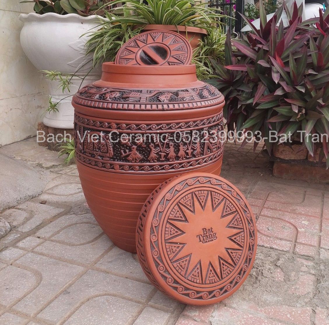 Chum sành ngâm rượu cao cấp loại 1 Bát Tràng không tráng men hoa văn Trống Đồng 20L; 10L; 5L;