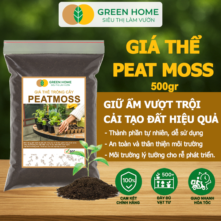 Rêu Than Bùn Peatmoss Greenhome, Bao 500GR, Giá Thể, Cân Bằng Ẩm, Trộn Đất Trồng Sen Đá, Kiểng Lá, Hoa Hồng, Ươm Hạt Giống