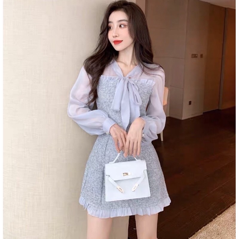 Đầm dạ thắt nơ, đầm nữ cao cấp tay dài
