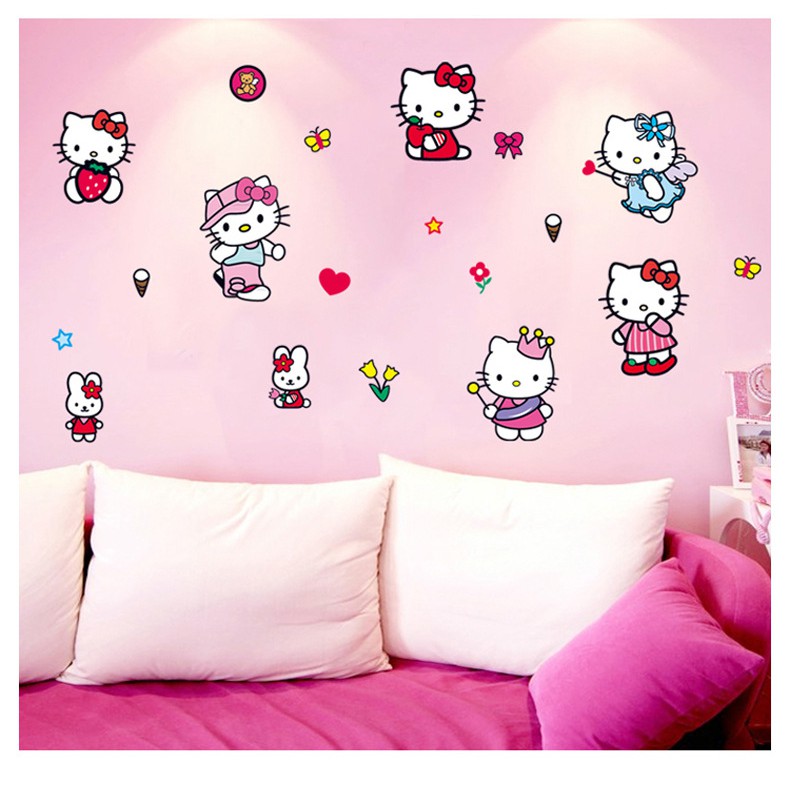 Decal Dán Tường Hello Kitty 2 - Decal Trang Trí Phòng Ngủ Kitty Màu Hồng Amyshop