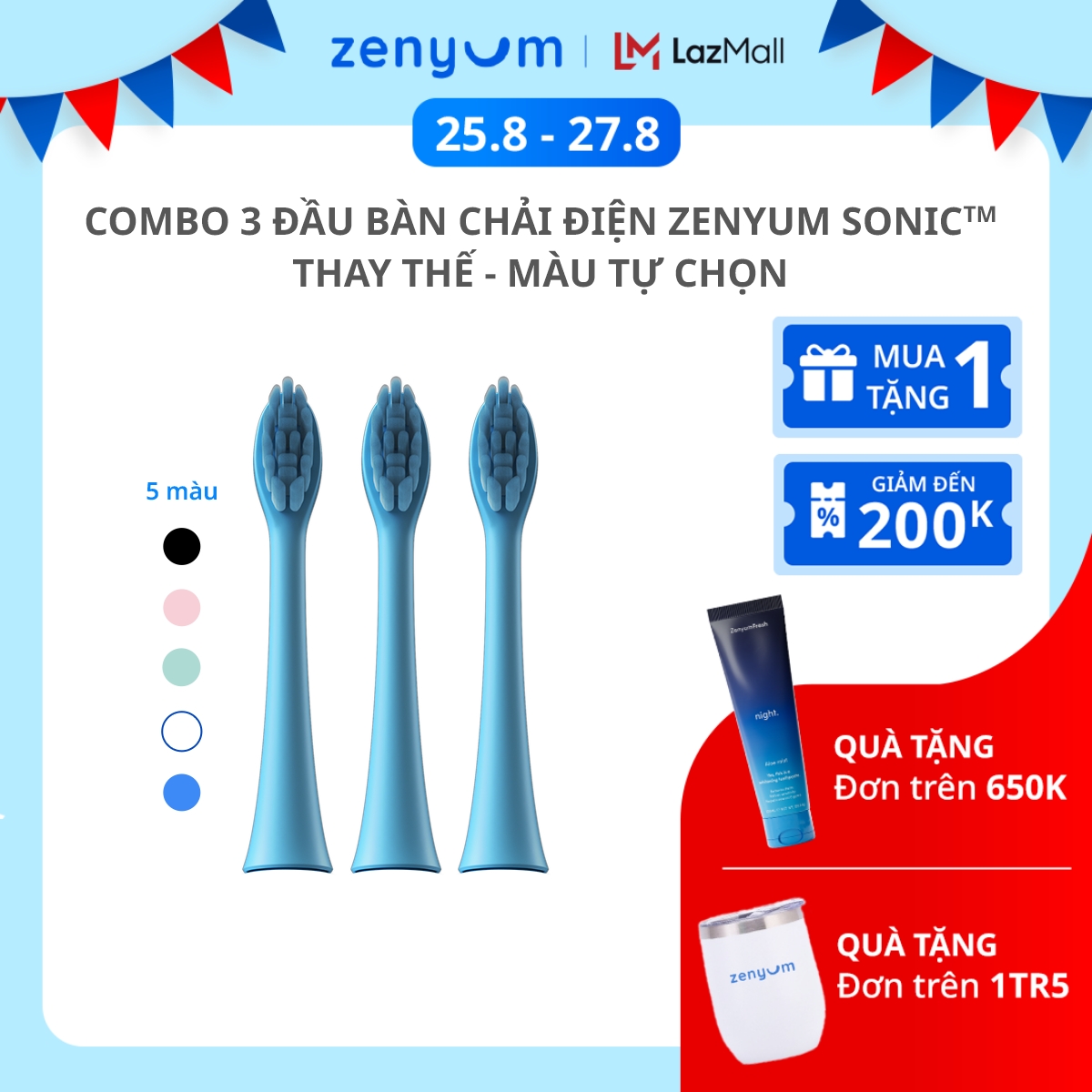 Combo 3 Đầu Bàn Chải Điện Zenyum Sonic Thay Thế - Màu Tự Chọn (Trắng, Đen, Hồng, Xanh Dương, Xanh Mint)