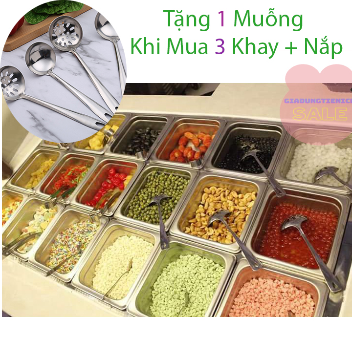 Khay inox đựng thạch topping đựng thực phẩm vuông gn 1/6