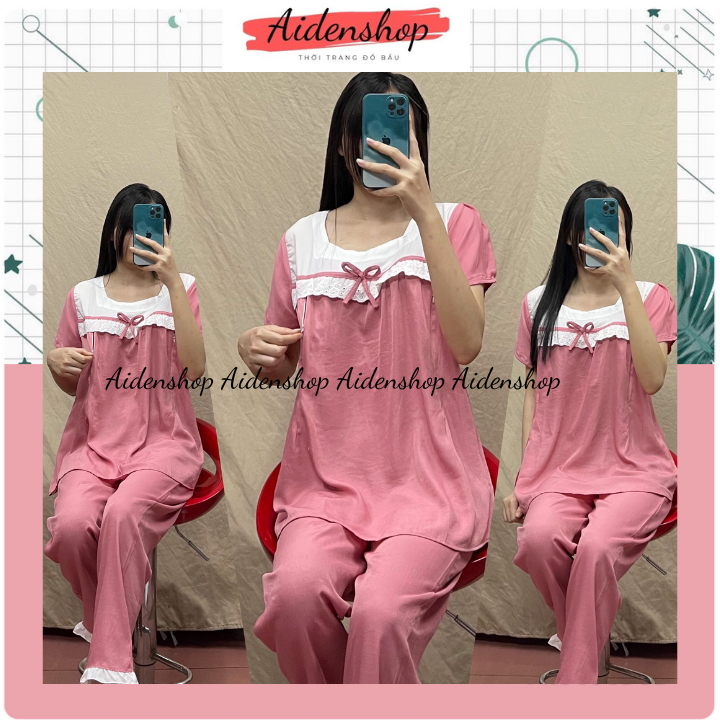 Bộ Đồ Bầu Chất Mát Đẹp Thời Trang Tay Cộc Quần Dài Có Khóa Ti Mặc Nhà