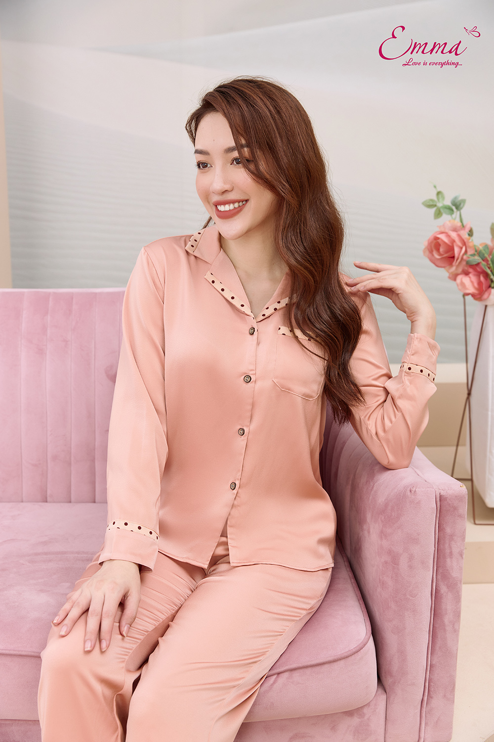 Đồ bộ mặc nhà pyjama lụa tay dài, quần dài emma etlu.21.02.09