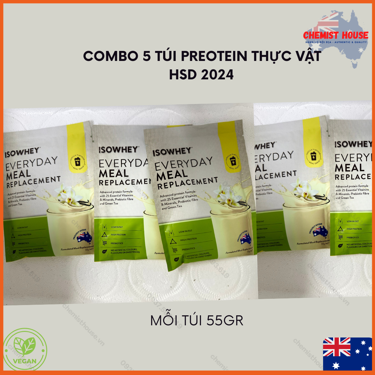 Túi Protein Úc Thuần Chay IsoWhey 100% Vegan 18g Protein - Plant Based Meal Replacement Shake Vanilla 55g Size Du Lịch