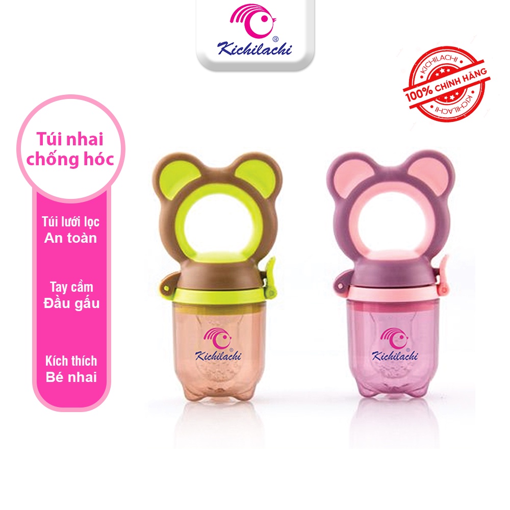 Túi nhai ăn dặm chống hóc silicone cao cấp, không chứa BPA hình gấu KICHILACHI có kèm 3 núm nhai và kẹp xích