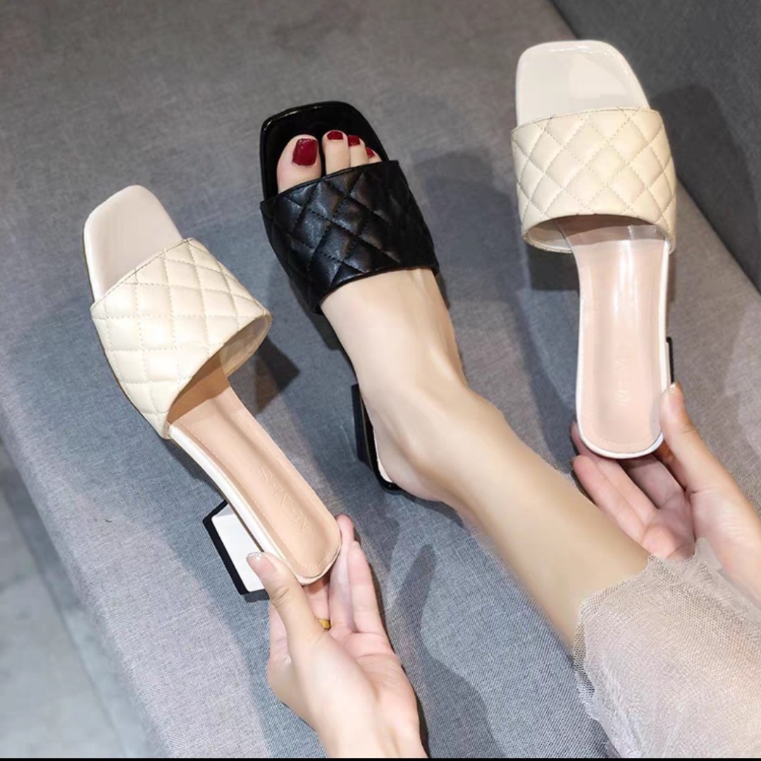 Dép nữ cao gót (3cm) quai ngang vân chám, đế vuông chắc chắn bền đẹp