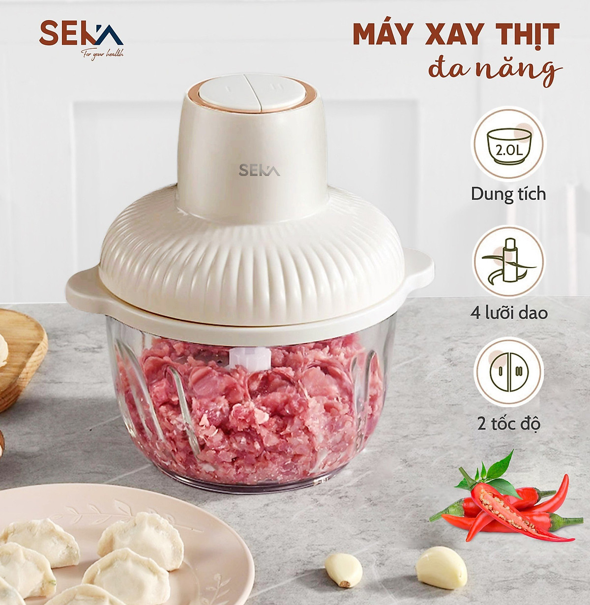 Máy xay thịt đa năng 4 lưỡi dao seka sk2286 - cối thủy tinh