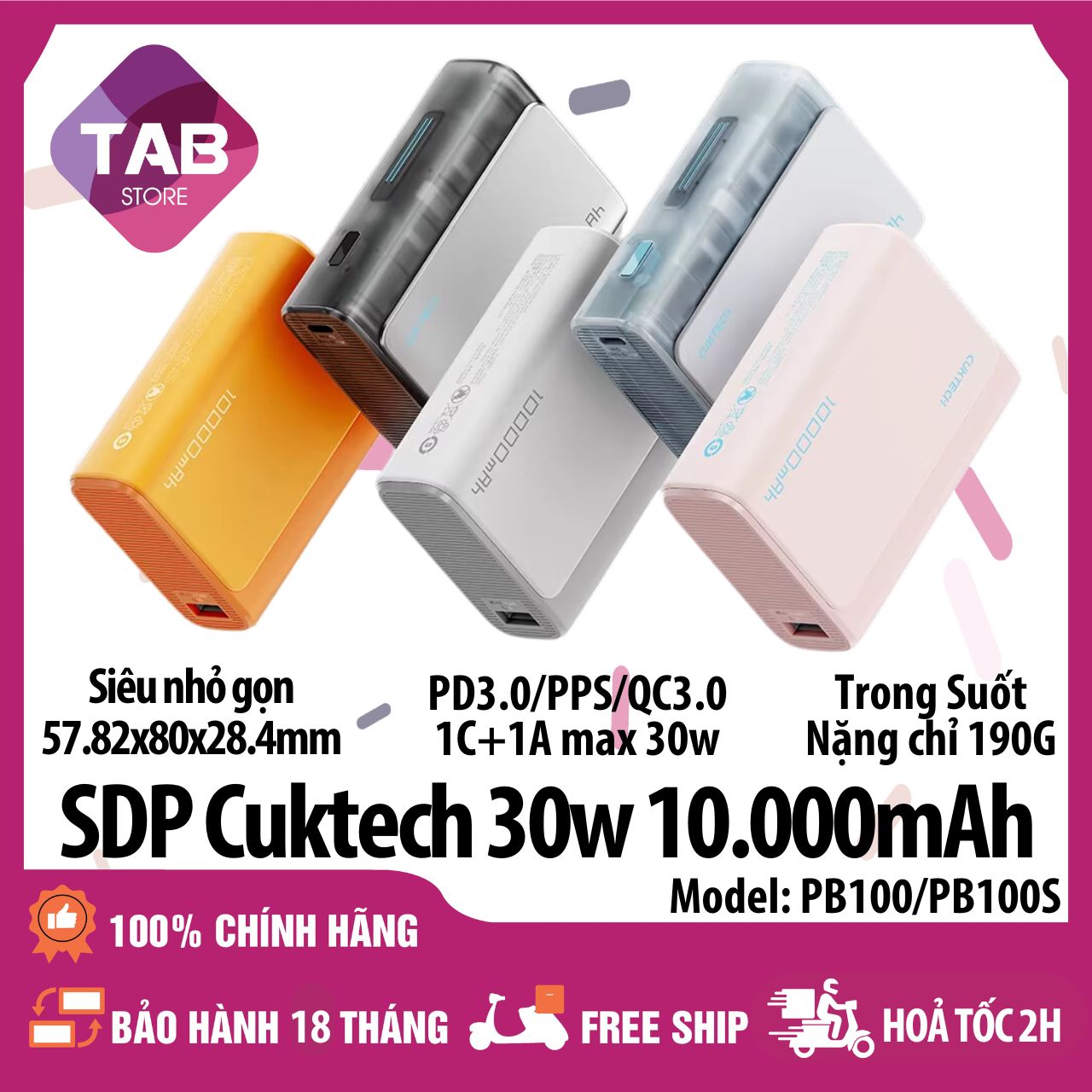 Sạc Dự Phòng Cuktech PB100 10000mAh 1C1A 30w PD3.0/PPS/QC3.0 QC  - Bảo Hành 18 Tháng