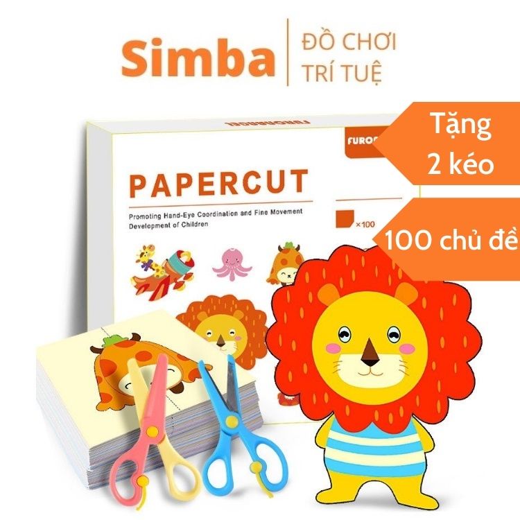 Cắt giấy thủ công sáng tạo 100 hình đồ chơi simba kèm 2 kéo an toàn giúp bé luyện cắt giấy