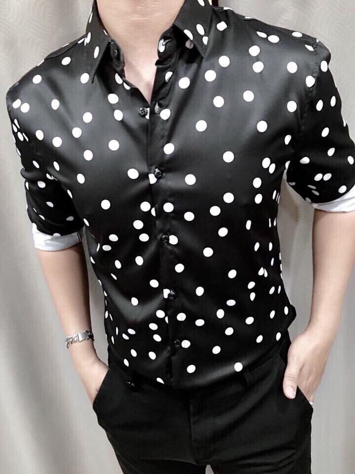 ÁO SƠ MI NAM PHI LỤA CHẤM BI (trắng-đen)