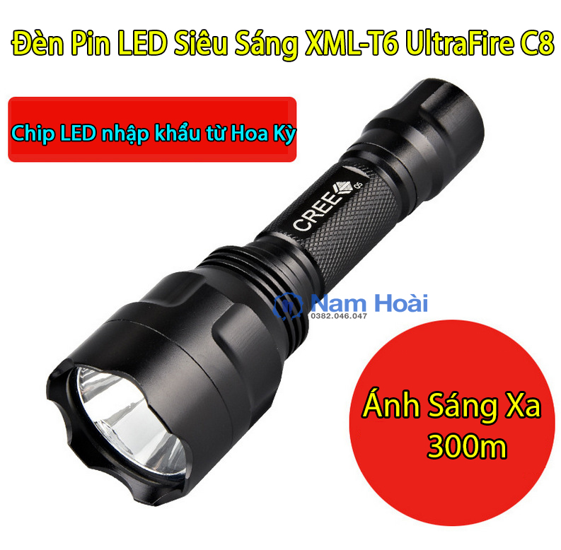 Đèn pin siêu sáng LED UltraFire C8 chống nước cao cấp full phụ kiện
