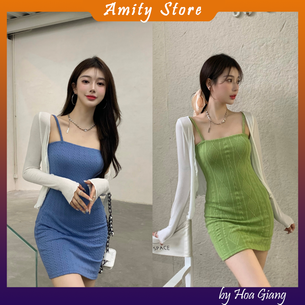[Đầm body 2 dây ôm sát] Đầm dệt kim hai dây, váy hai dây gợi cảm hàng quảng châu