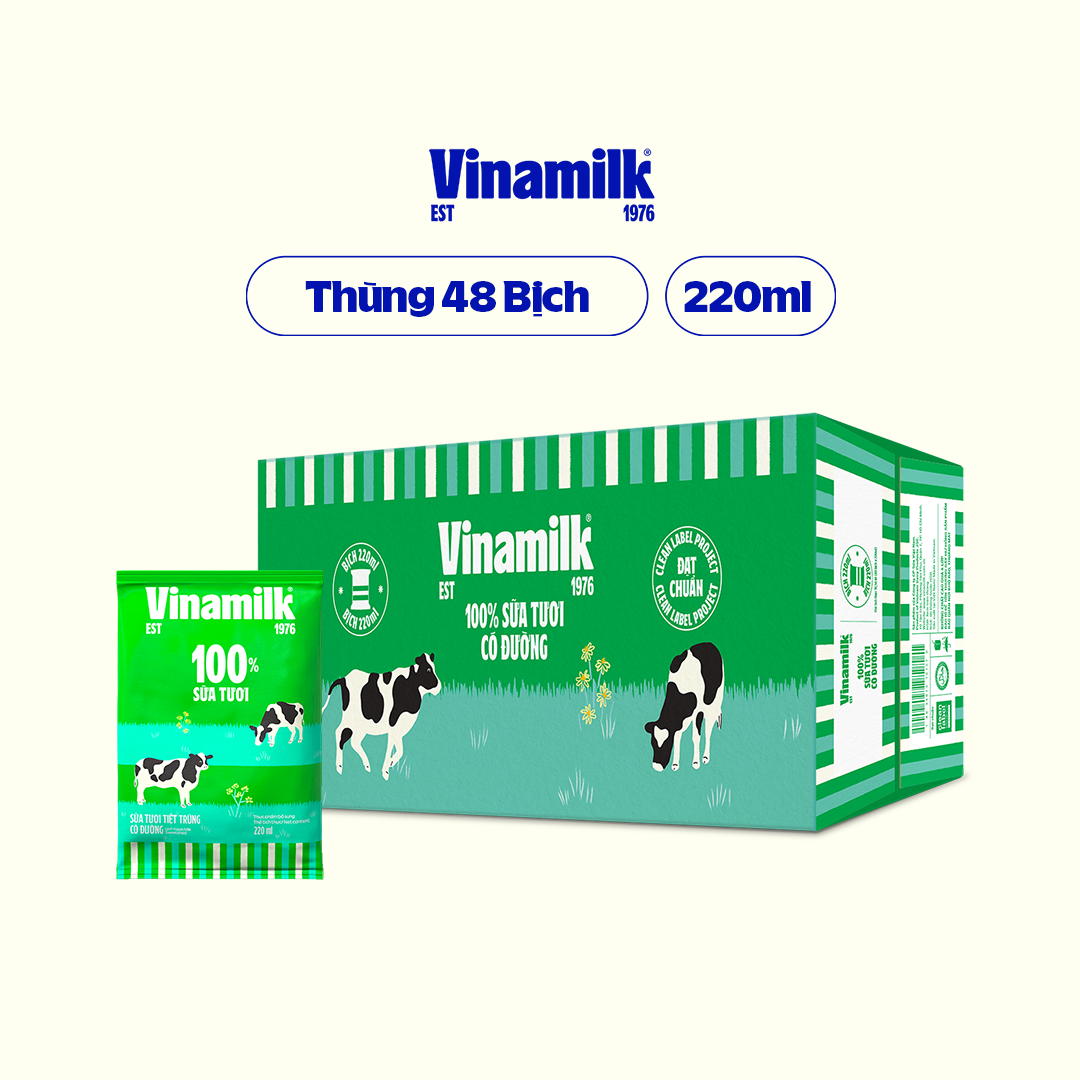 Thùng 48 bịch Sữa tươi tiệt trùng có đường Vinamilk 100 Sữa tươi 220ml