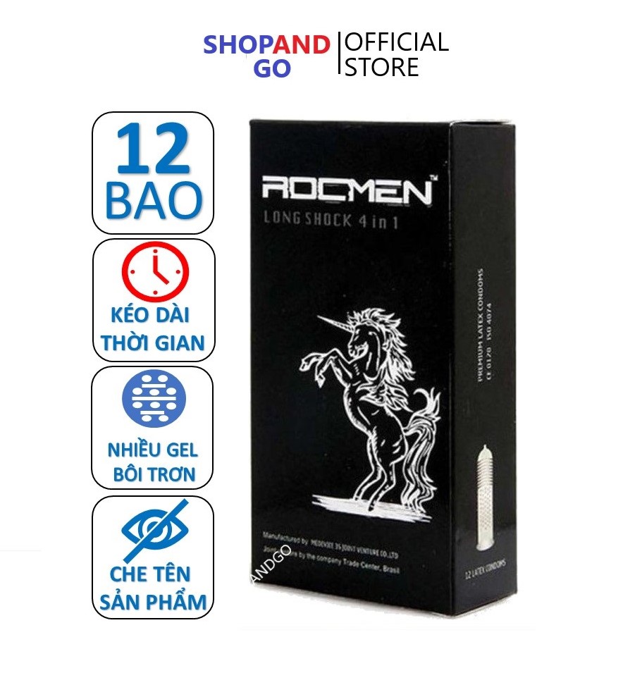 Bao cao su gân gai kéo dài thời gian Brazil ROCMEN Longshock 4in1 hộp 12 cái