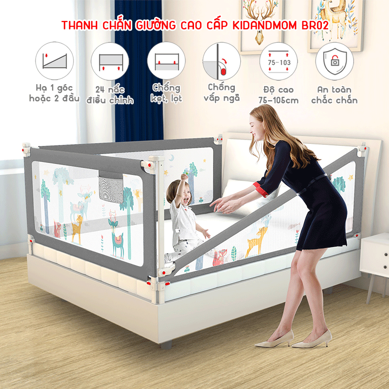Thanh chắn giường cho bé an toàn độ cao 105cm chống kẹt chống vấp ngã 24 nắc điều chỉnh KidAndMom BR02 và BR23 nâng hạ 1 hoặc 2 đầu