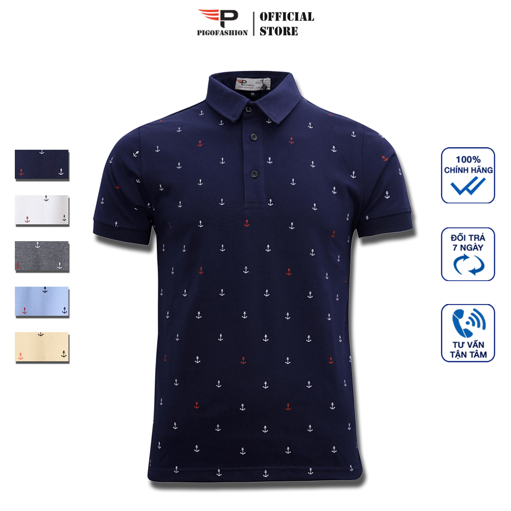 Áo thun nam thương hiệu pigo fashion họa tiết mỏ neo cổ bẻ phối bo sang trọng aht24