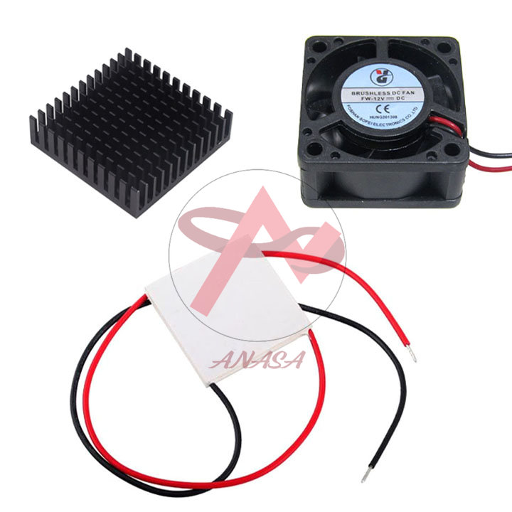 Combo sò nóng lạnh 12706, quạt tản nhiệt 12vdc 4x4x2.5cm, tản nhiệt 40x40x11mm màu đen