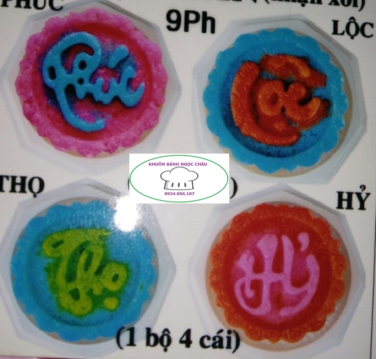 Combo khuôn nhấn xôi tròn nhỏ chữ Việt Nam Phúc, Lộc, Thọ, Hỷ