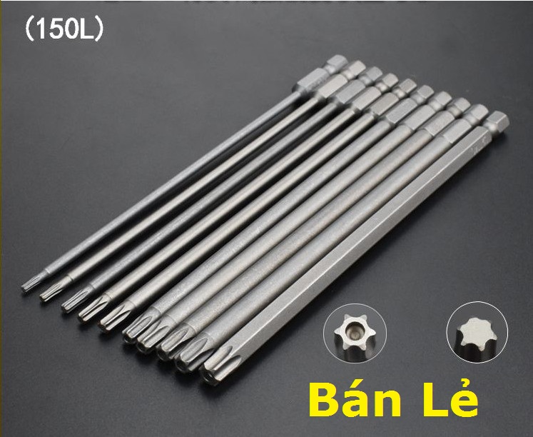 (Bán lẻ) Mũi hoa thị lục giác lỗ và không lỗ dài 150mm có nam châm từ T6 đến T40