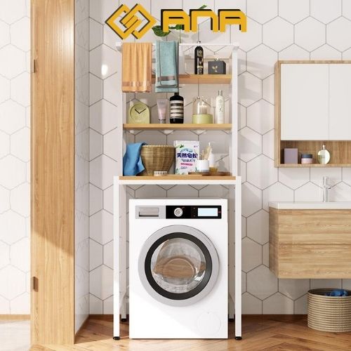 Kệ máy giặt máy sấy ANAlồng ngang mặt gỗ khung thép có kệ để đồ dùng có