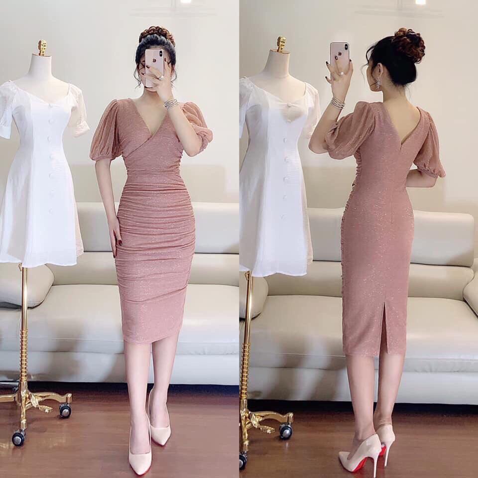 Đầm body tay phồng cổ đắp chéo vải lưới dập ly nhũ-ZOO