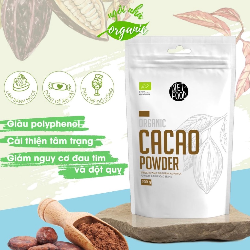 Bột Cacao Nguyên Chất Hữu Cơ 200g Diet Food Organic Cacao Powder