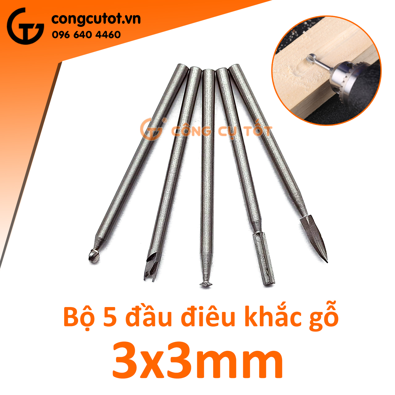 Bộ 5 đầu điêu khắc gỗ trục 3mm bằng thép gió các cỡ 3-4-6-8mm