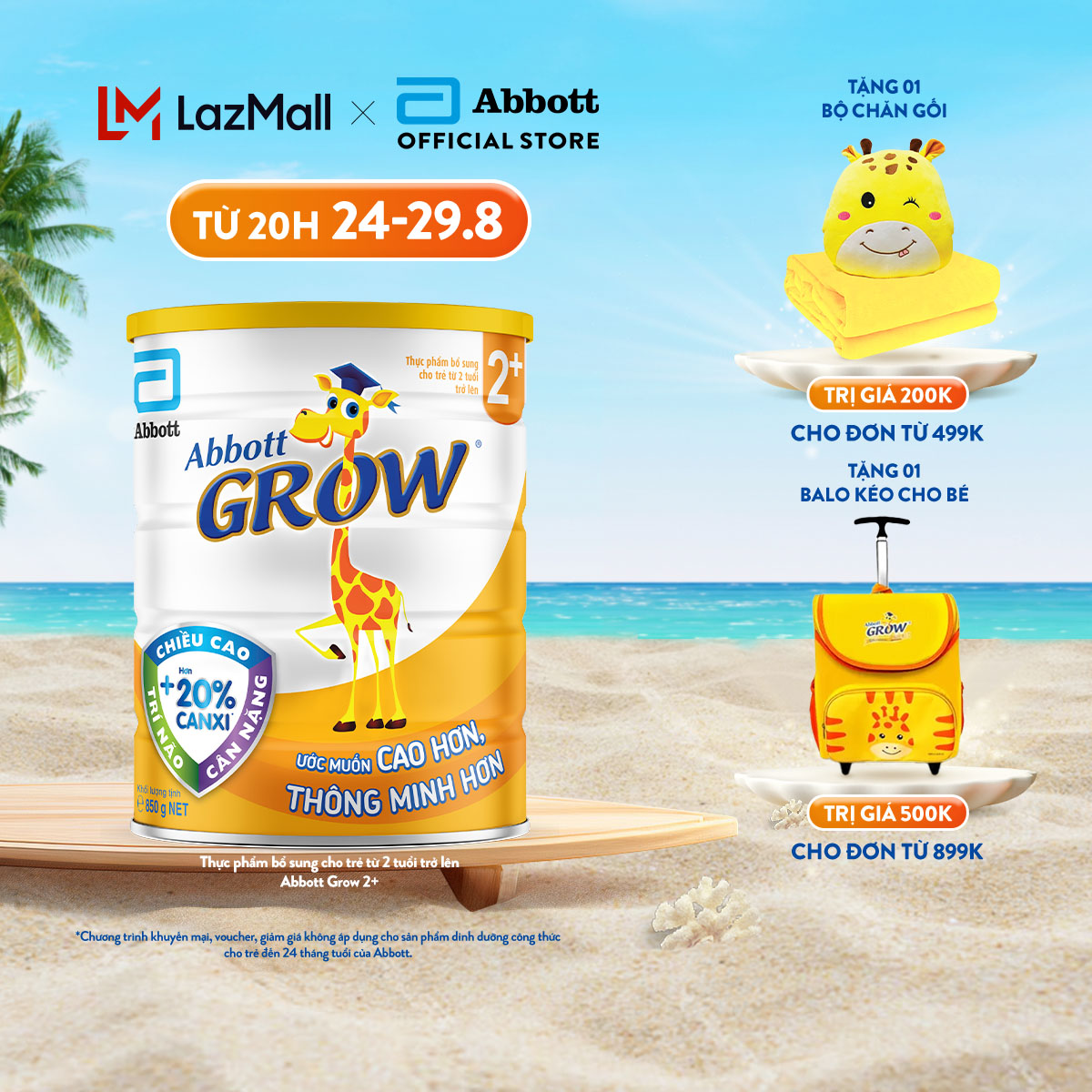 (CHỈ 20H 24-29.8 TẶNG QUÀ CHO ĐH TỪ 499K-SLCH) Lon sữa bột Abbott Grow 2+ 850g