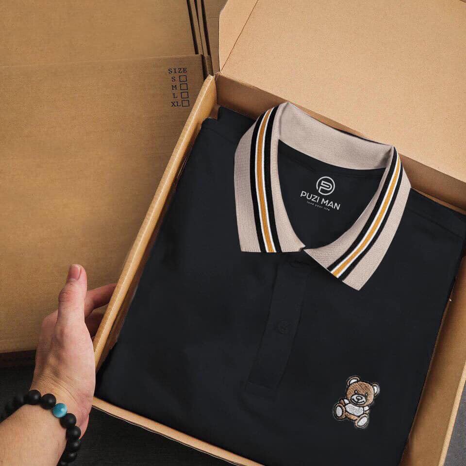 Áo thun nam , áo polo có cổ , ngực thêu hình gấu , chất liệu coton , nam tính