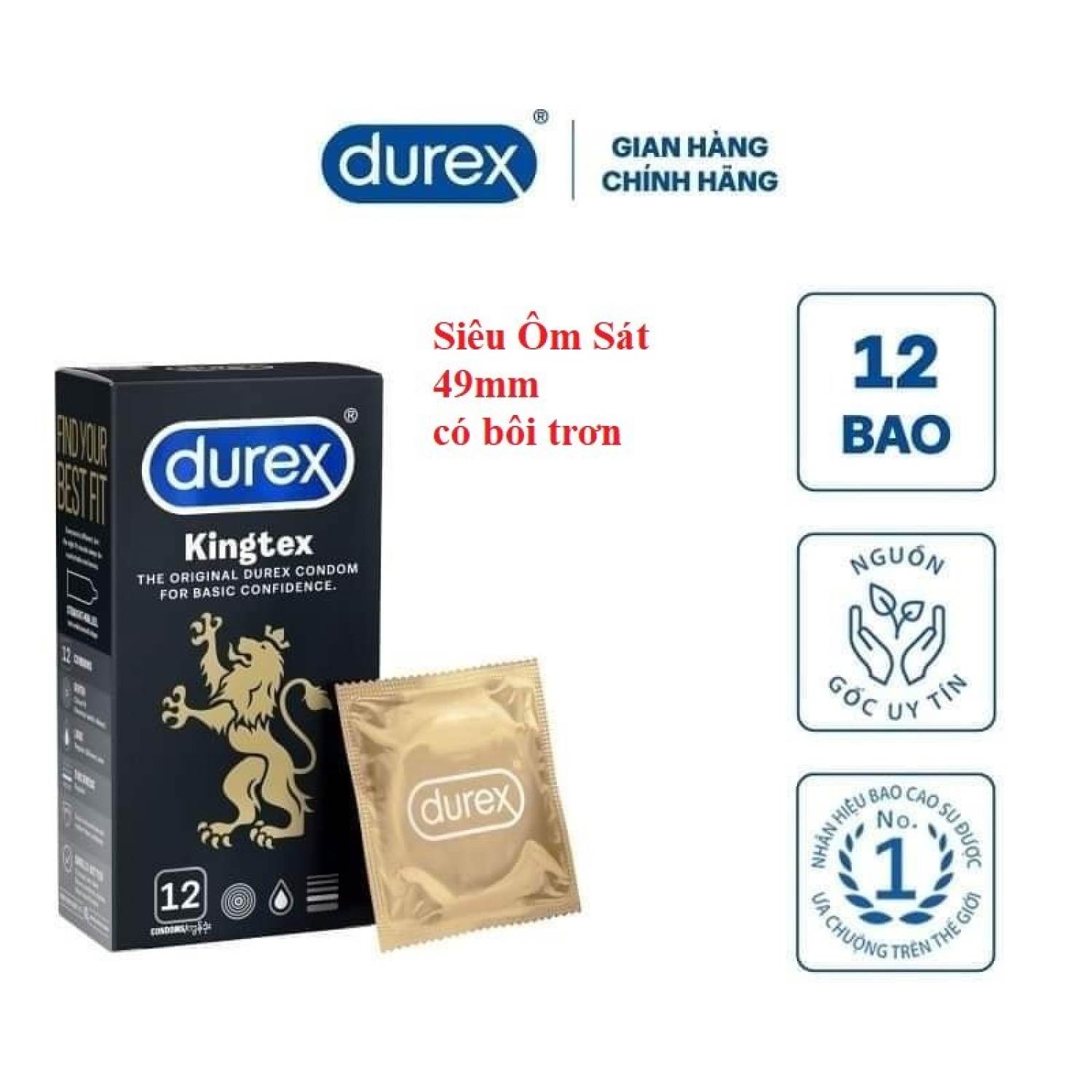 Bao cao su Durex Kingtex size 49mm, Dành cho quý ông size nhỏ,hộp 12 chiếc.