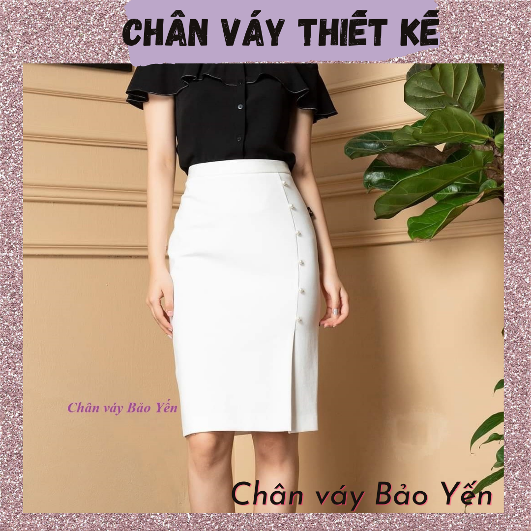 Chân váy bút chì suông xẻ trước đính hạt thanh lịch