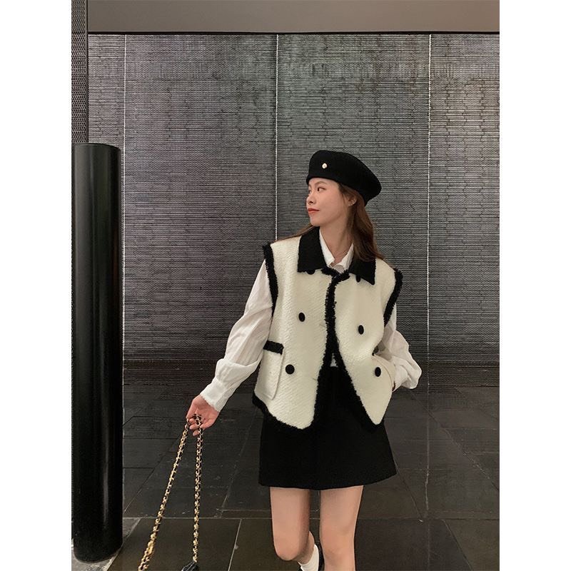 Áo gile dạ tweed nữ áo khoác không tay màu trắng shop Đậu Xinh - TW800