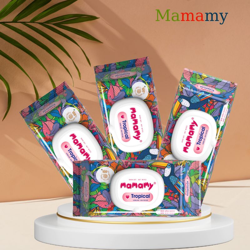 Khăn ướt mamamy Tropical - Khăn giấy ướt mamamy tropical Gói 60 tờ - Combo 6 gói 100% sợi tự nhiên, ngừa hăm, rôm sảy kháng khuẩn giữ ẩm cho bé