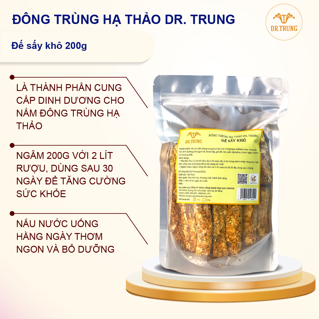 Dr. Trung - Đông trùng hạ thảo - Đế sấy khô thơm bổ loại 200 gram. Là giá thể nuôi trồng nấm như Gạo lứt, Tảo.