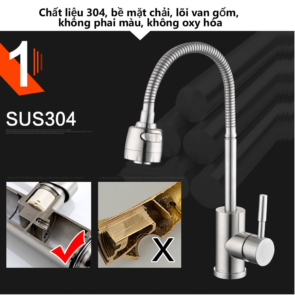 Hn6206 vòi rửa bát inox 304 bada vòi nước rửa bát inox