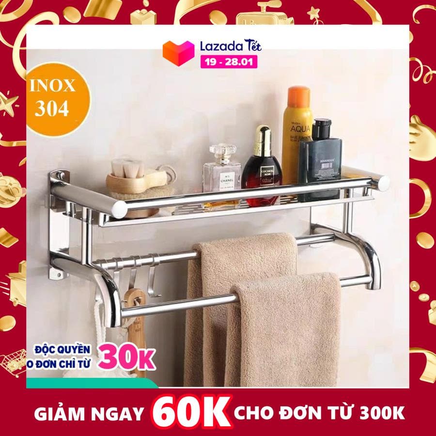 Giá vắt khăn nhà tắm, Kệ Inox SUS304 dán tường để đồ phòng tắm - INOXM02