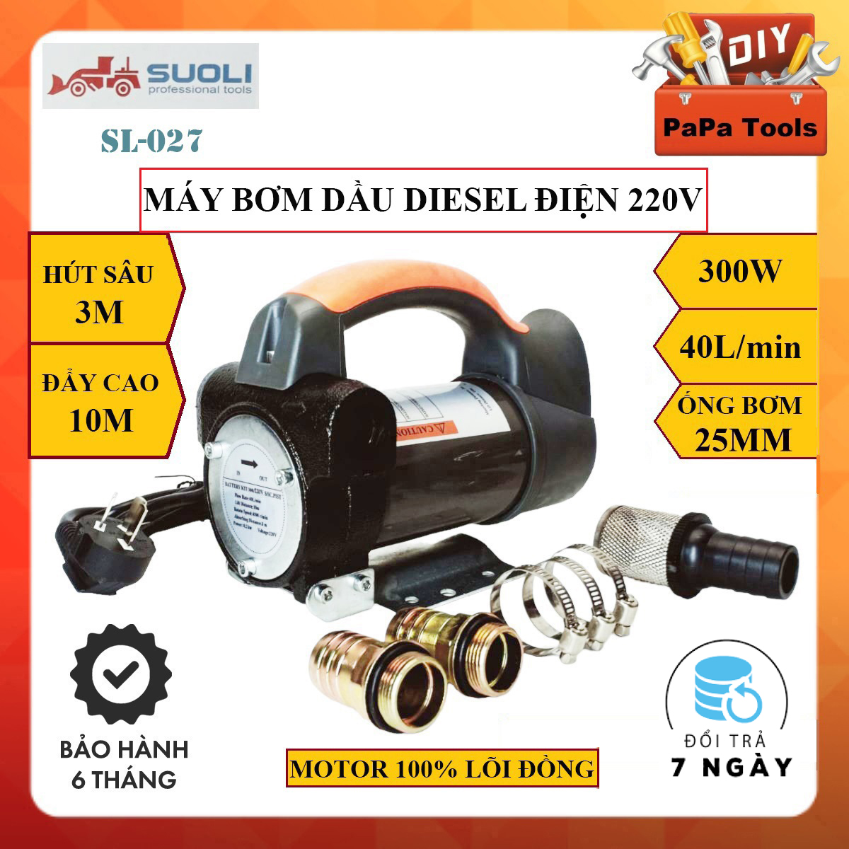 Bơm dầu diezel souli 220v motor lõi đồng siêu khỏe bền bỉ, công suất 300w, lưu lượng 40 lít/phút -papa tools