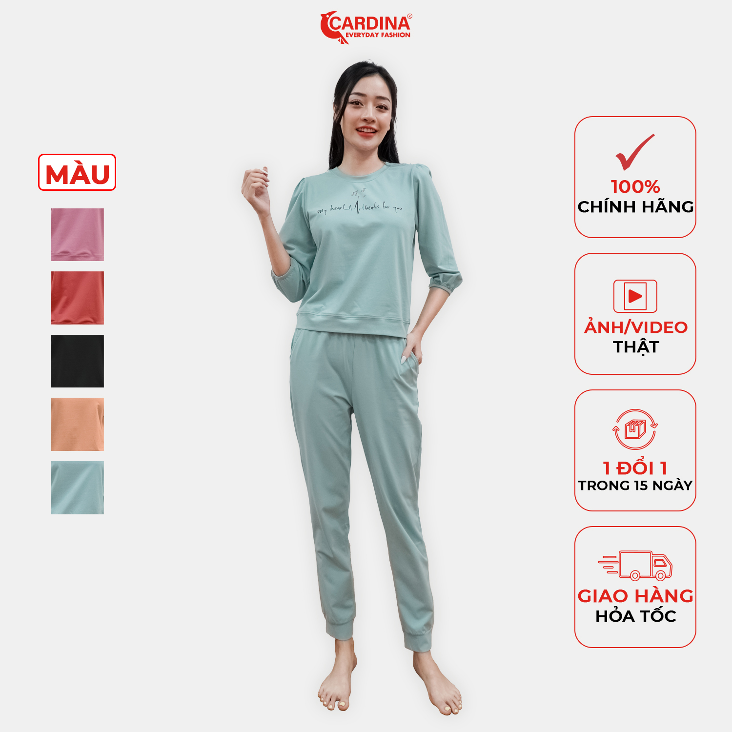  Đồ bộ Nữ Thu Đông CARDINA Quần Dài Tay Lỡ Bo Chun Chất Cotton Cao Cấp Kiểu Dáng Năng Động Tôn Vóc Dáng 2BT05 