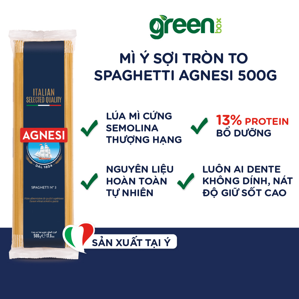 Mì ý sợi to Spaghetti làm từ lúa mì Semolina cao cấp Agnesi Ý 500g nấu ngon với sốt mì ý bò bằm Bolognese, mì ý cho bé