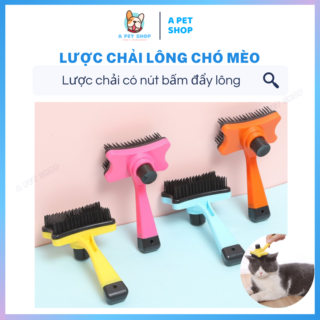 Lược chải lông chó mèo có nút bấm đẩy lông làm sạch lược (Size 12x7,5cm) - A Pet Shop