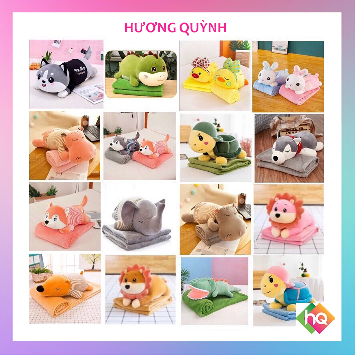 (HQ)Bộ chăn gối văn phòng gấu bông khủng long, hà mã, heo xinh 60cm siêu đáng yêu