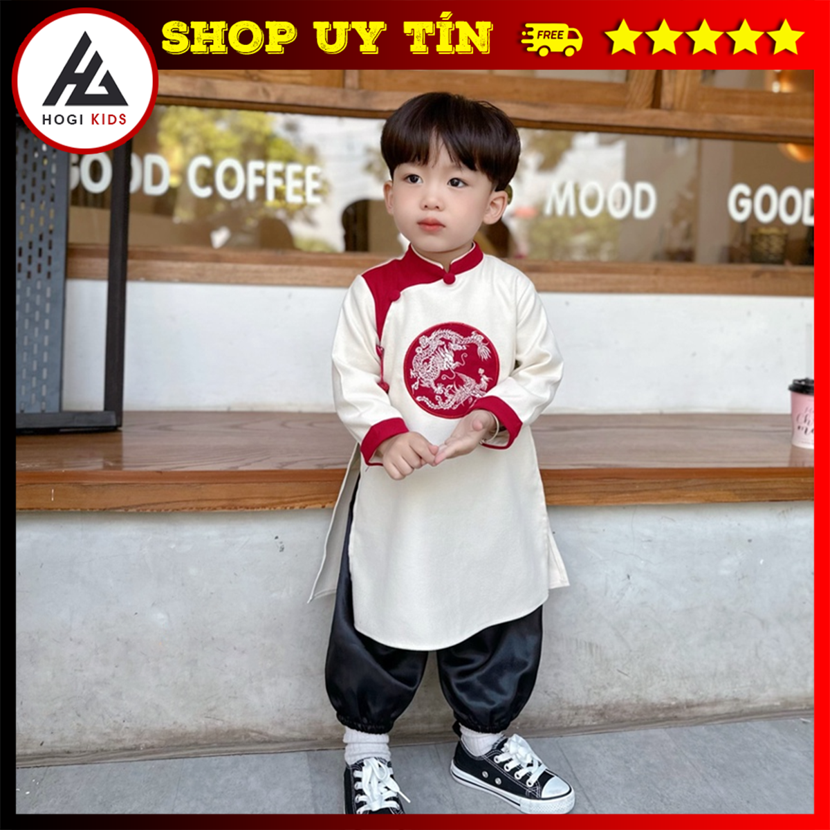 Áo dài bé trai thêu long phụng kèm khánh chất nhung chéo cực đẹp - Hogi Clothing