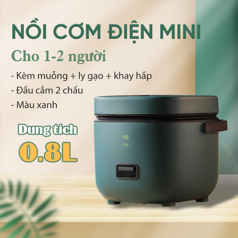 Nồi cơm điện mini 0.8L công suất 200W, đầu cắm 2 chấu, đáy nồi chống dính đa chức năng nấu hấp hầm tặng kèm khay hấp + muỗng cơm + ly đong gạo đủ cho 1-2 người 1 ĐỔI 1