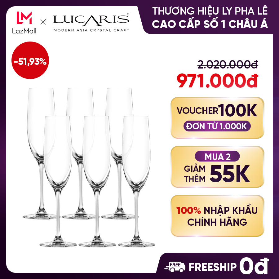 Bộ 6 ly uống rượu vang sâm panh pha lê cao cấp lucaris champagne 180ml nhập khẩu chính hãng độ bền cao - bangkok s01cp06